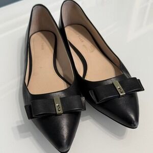 Cole Haan Black Leather Pointed Toe Flats Bow Detail Women's 7.5